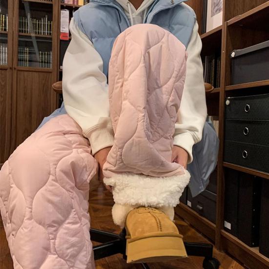 Women Cotton Pants Elastic High Waist Solid Color Wide Leg Causal Trousers with Pockets Thickened Plush Lining Winter Pants