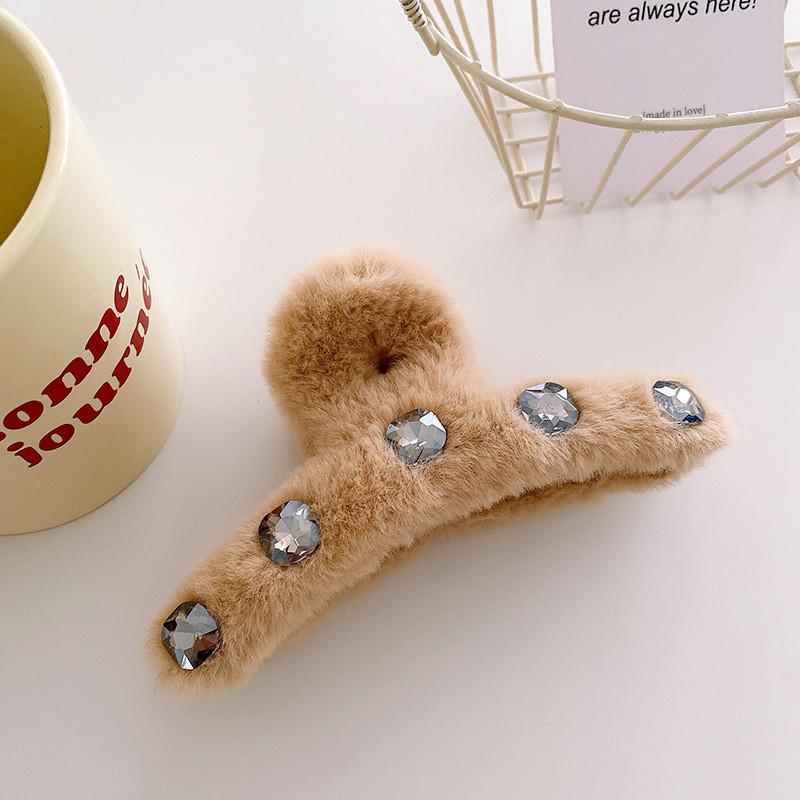 Chic Korean Style Soft Plush Hair Claw Clip With Sparkling Rhinestones For Women