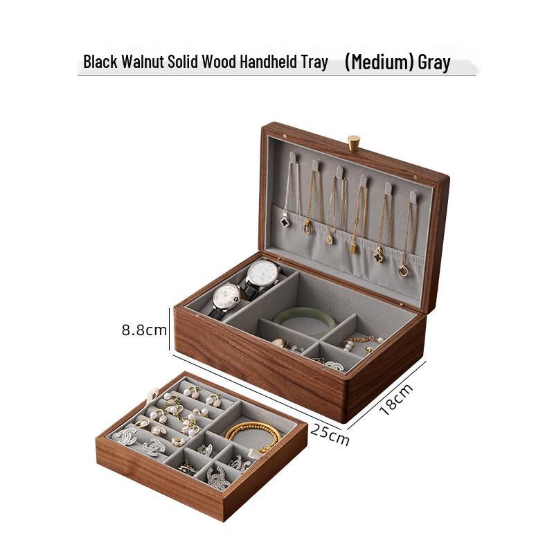 Handun Black Walnut Solid Wood Jewelry Box with Removable Tray