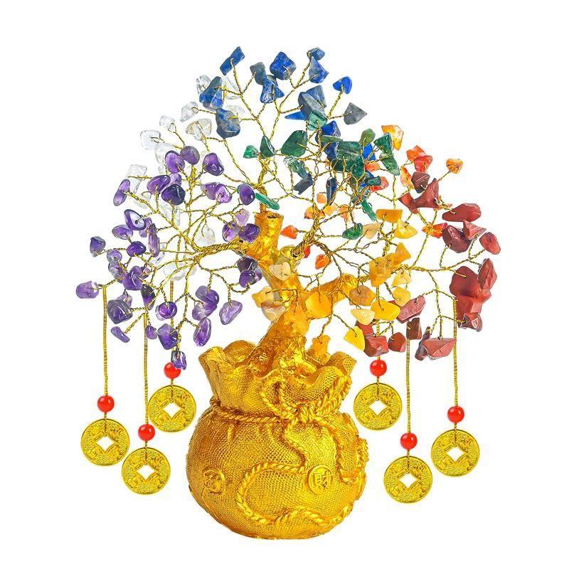 Crocon Seven Chakra Tree of Life – Crystal Healing Bonsai Tree with 6 Feng Shui Coins & Potli Base – Chakra Tree Crystal