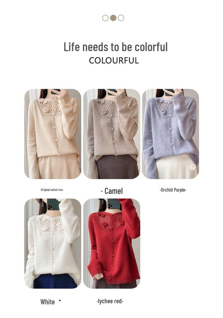 Autumn Style Heavy-Duty Crochet Knit Wool Cardigan: Women's Fashionable Hollow-Out Sweater Coat, Solid Color.