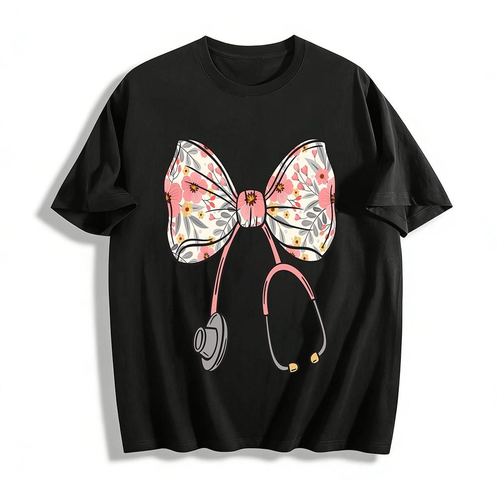 Floral Stethoscope Print Medical Theme Casual Top Pure cotton T-shirt XXS