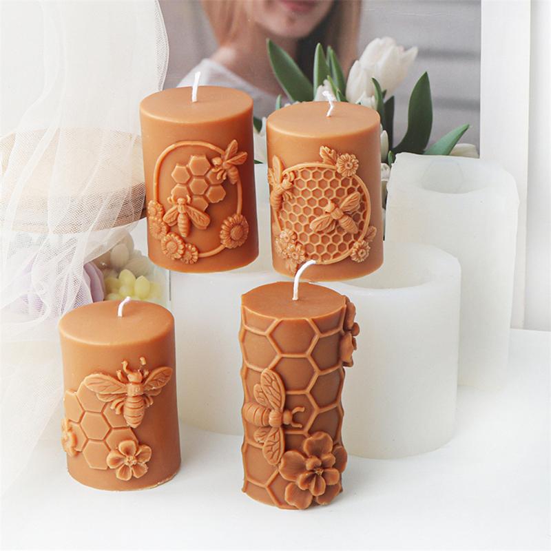 3D Relief Bee Cylindrical Candle Silicone Mold Diy Honeycomb Column Aromatherapy Candle Plaster Making Tool Handmade Gift Decor