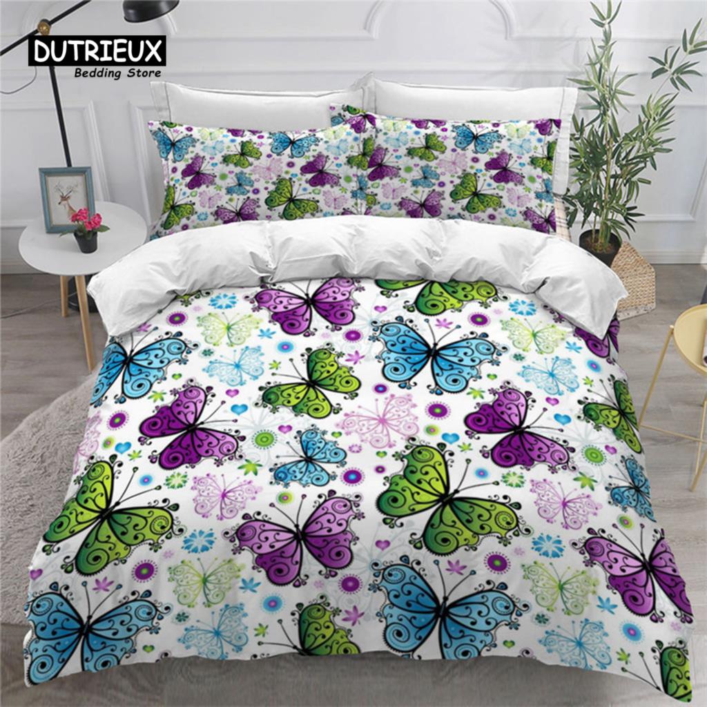 Colorful Butterfly And Floral Duvet Cover Set King Size Butterflies Theme Bedding Set For Kids Girls Comforter Cover Pillowcases