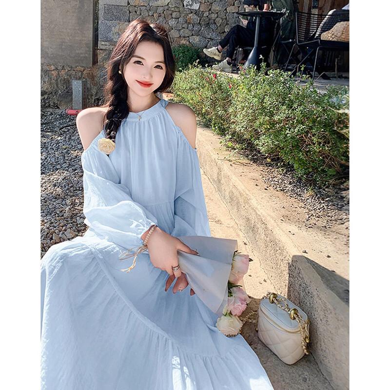 Spring Fresh Off-Shoulder Lantern Sleeve Chiffon A-Line Dress