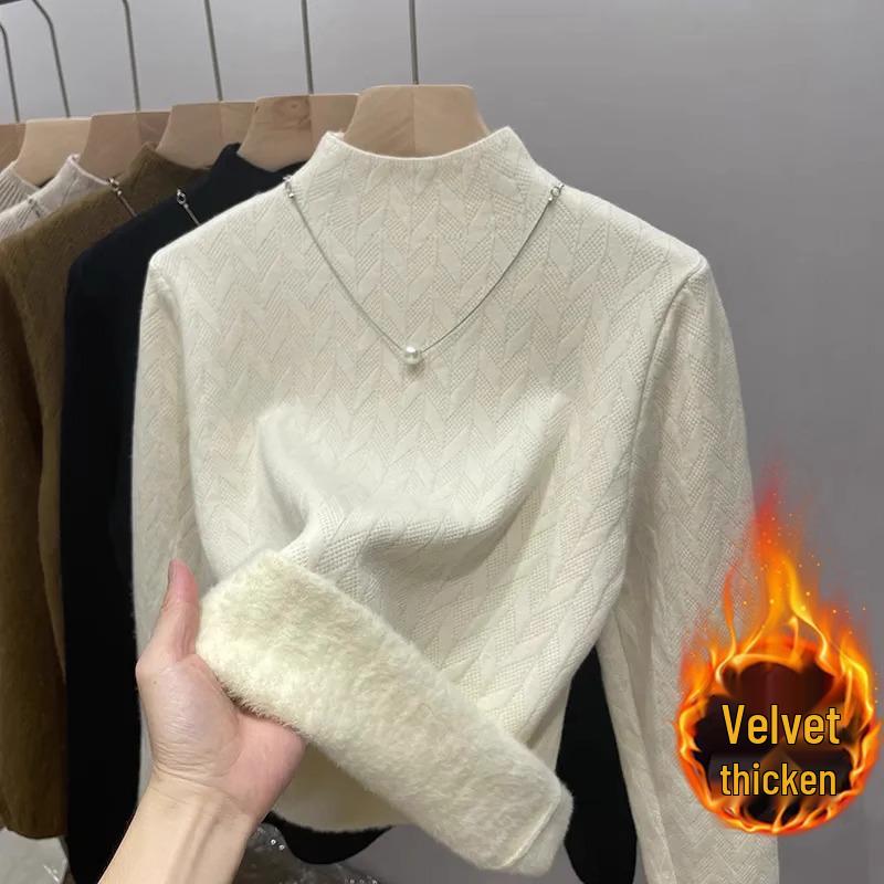 Women's Fleece Sweater Base Layer: Plus Velvet Thick Knitwear with Half-High Neck - 2025 Autumn/Winter Collection