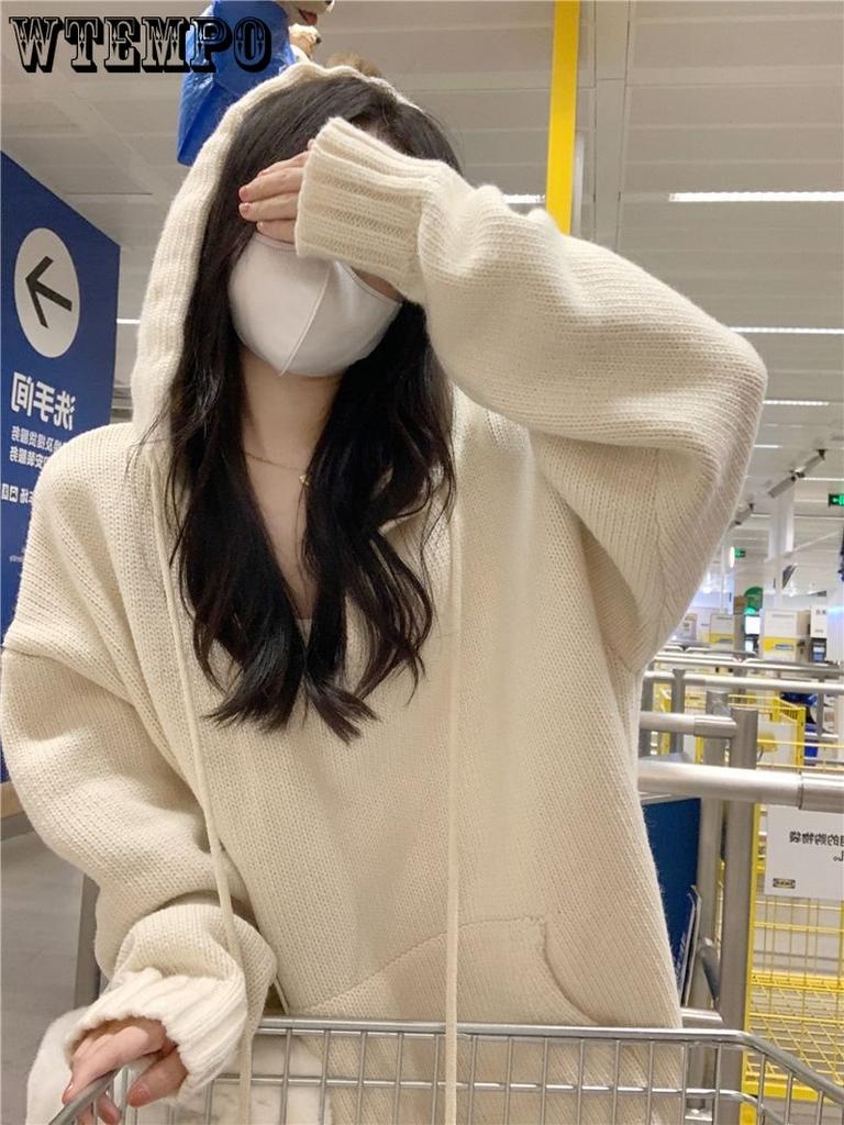 Korea Svetr Podzim Zima Vintage Jednobarevný Zapínací S kapucí Pulovr Dámský Dlouhý rukáv Kapsy Rovný Slim Pulovr