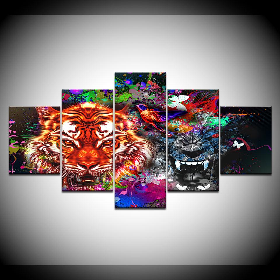 Canvas Painting Tiger and Panther with Splashes 5 Pieces Wall Art Painting Modular Wallpapers Poster Print Home Decor
