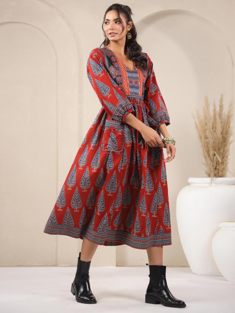 Hand Block Printed Dress Midi Cotton Floral Dress Boho Chic Holiday Summer Indian Cotton Dress Handmade In India Jaipuri Dress with Pockets