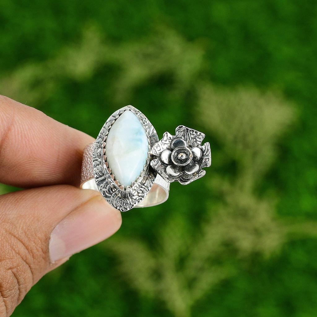 Anniversary Gift For Her Natural Larimar Promise Flower Ring Size 7 925 Silver