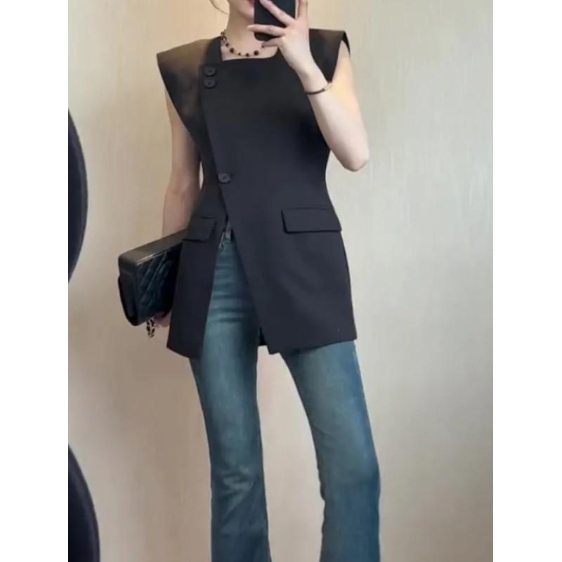 Women's Summer Slim-Fit Blazer Vest Solid Color Elegant Asymmetric Commuter Top