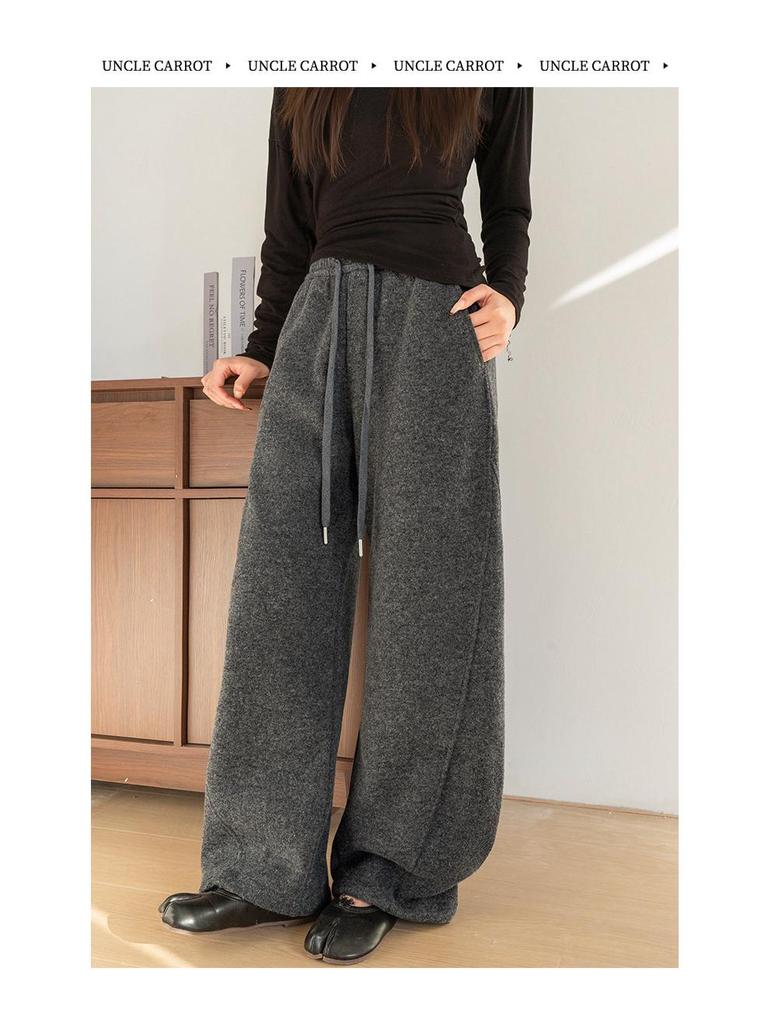 Women's Autumn/Winter 2025 Woolen Flannel Fleece-Lined Pants - Petite, Lazy, Thickened, Wide-Leg, Curved Leg Design.