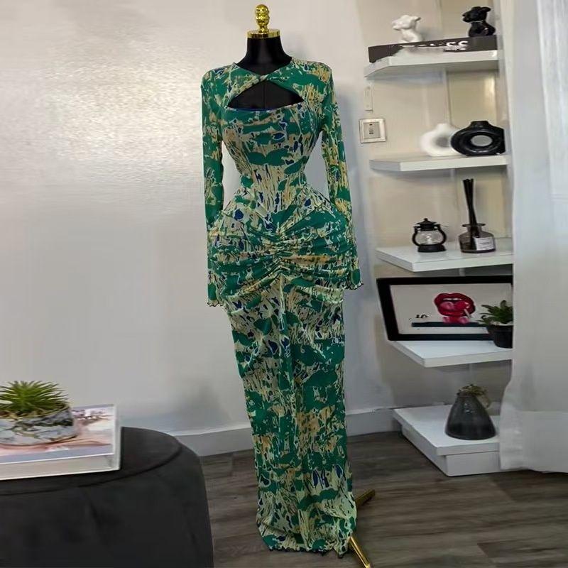 European and American Fashion Sexy Hollow out Long sleeve dress Print Long dress Sexy Hollow Printed Dress