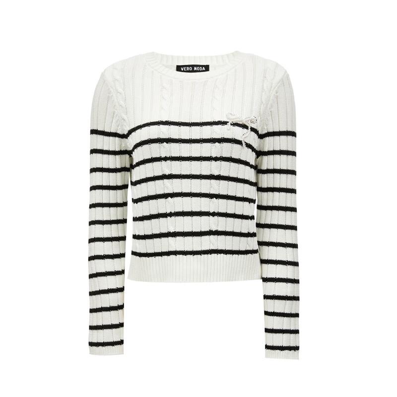 Veromoda 2025 Spring Striped Round Neck Knit Sweater with Faux Pearl Embellishment