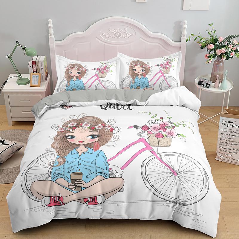 Cartoon Lovely Girls King Queen Duvet Cover Cute Little Girl Pattern Bedding Set Kids Pink Pretty 2/3pcs Polyester Quilt Cover