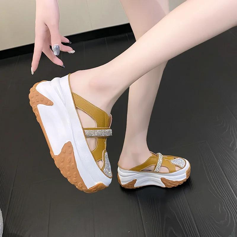 Fashion 7CM Bling Shoes Thick Sole Slides Women Chunky Sneakers Platform Wedge Breathable Slippers Comfortable Hollow Summer Shoes