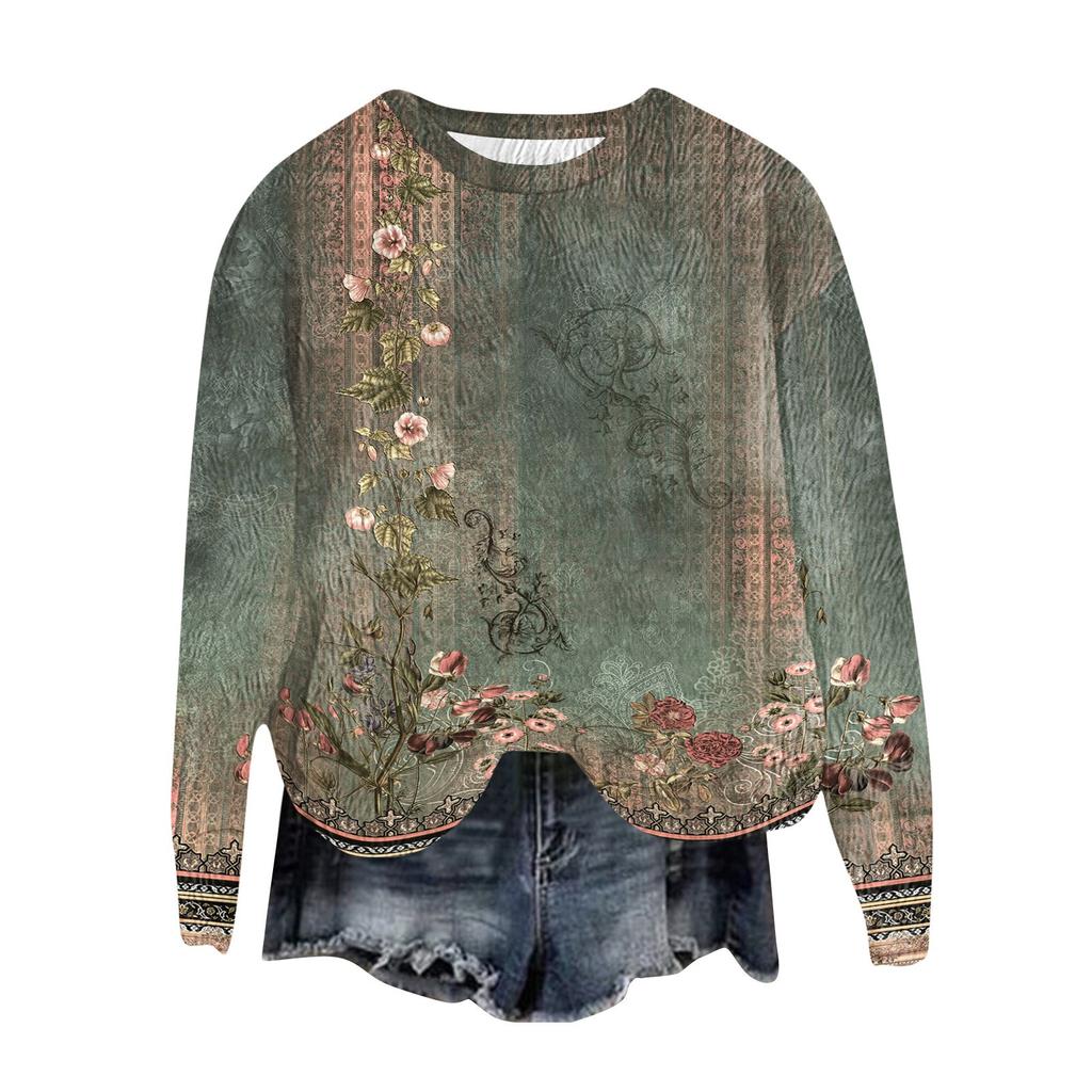 Women's Fashion Round Neck Pullover Top Long Sleeve Tee Printed Sweatshirt