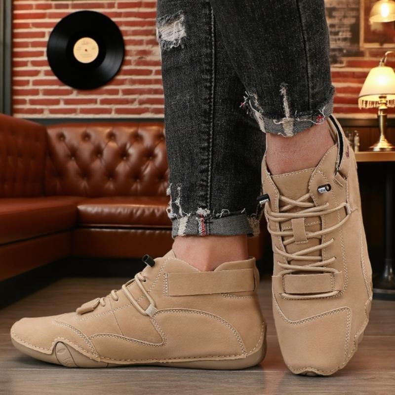 Men's Casual Shoes Breathable Soft Sole Handmade Leather Bare Boots  Retro Fashionable Design Comfortable High Top Sneakers