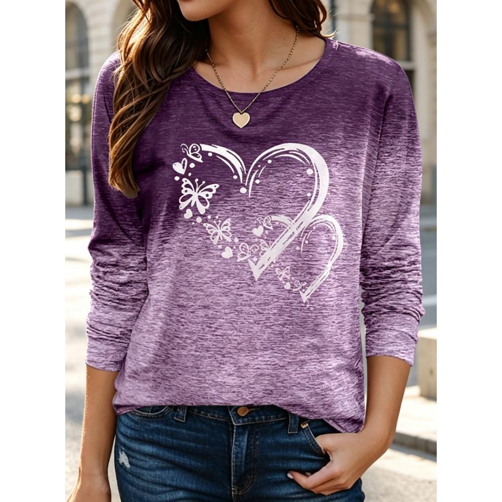 Women's Long Sleeve Crew Neck Gradient Heart & Butterfly Print Casual T-Shirt, Regular Tops for Spring Summer Daily Wear