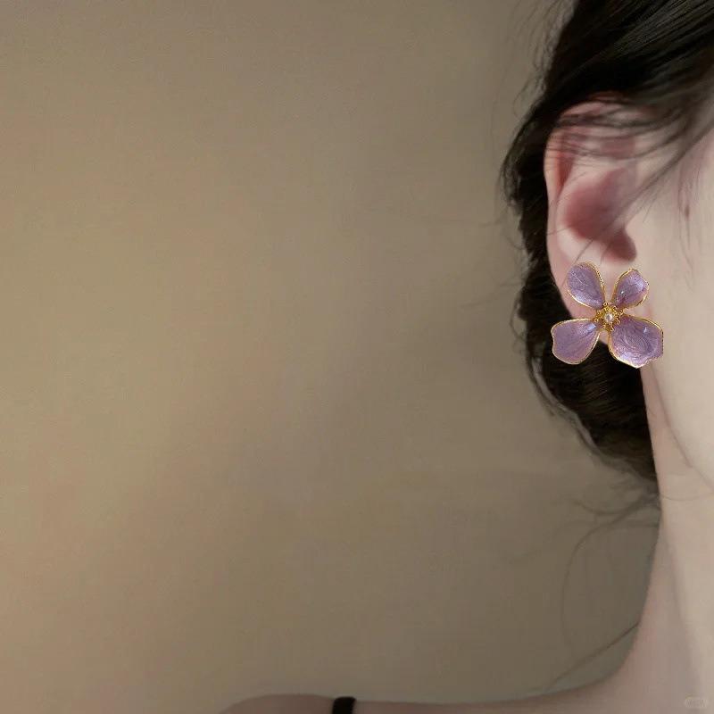 Drip Oil Purple Pearl Flower Summer Girl Heart Versatile Sweet And High End Earrings