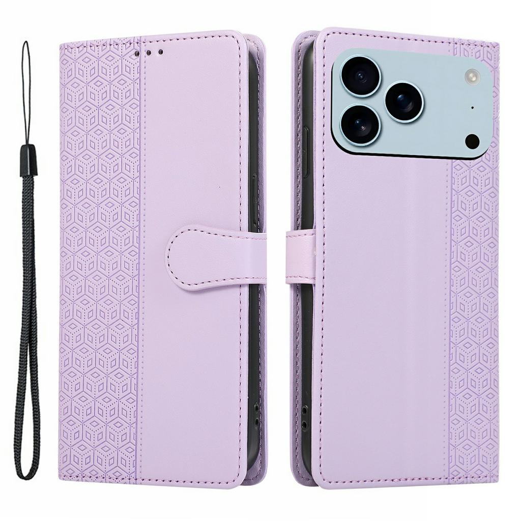 For iPhone 17 Pro Case Splicing Imprinted Rhombus Leather Phone Cover with Wrist Strap