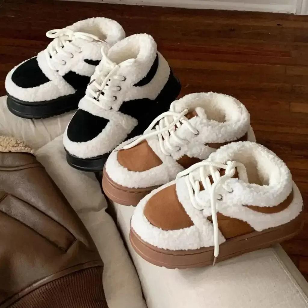 Fashion Winter Cotton Shoes for Women, Fashionable Fleece Warm Sports Shoes, Anti Slip Retro Lamb Wool Bread Shoes, Casual Board Shoes