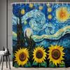 Starry Sunflower Shower Curtain Vintage Oil Painting Style Yellow Flower Scenery Bathroom Decoration Polyester Waterproof with