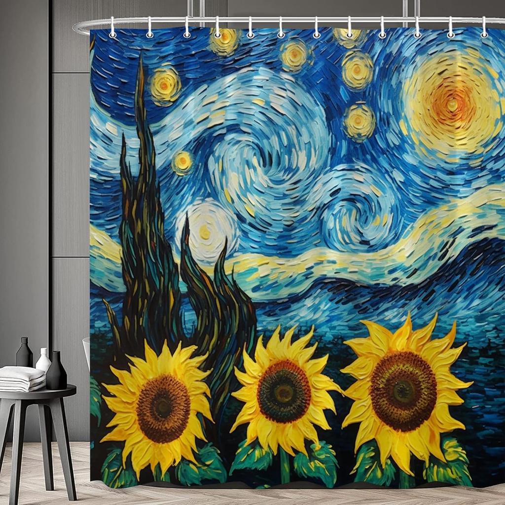 Starry Sunflower Shower Curtain Vintage Oil Painting Style Yellow Flower Scenery Bathroom Decoration Polyester Waterproof with