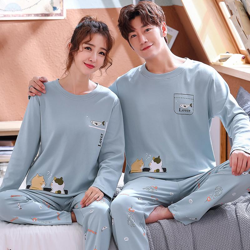 Uzun Kollu Gecelik Çift Erkek ve Kadın Eşleşen Ev Seti Pamuklu Pijama Karikatür Baskılar Eğlence Gecelik Pijama Bahar İçin