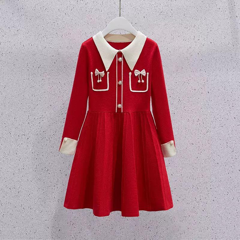 

Стильное вязаное платье принцессы для девочек - красная юбка-свитер на весну, осень и зиму 120 cm