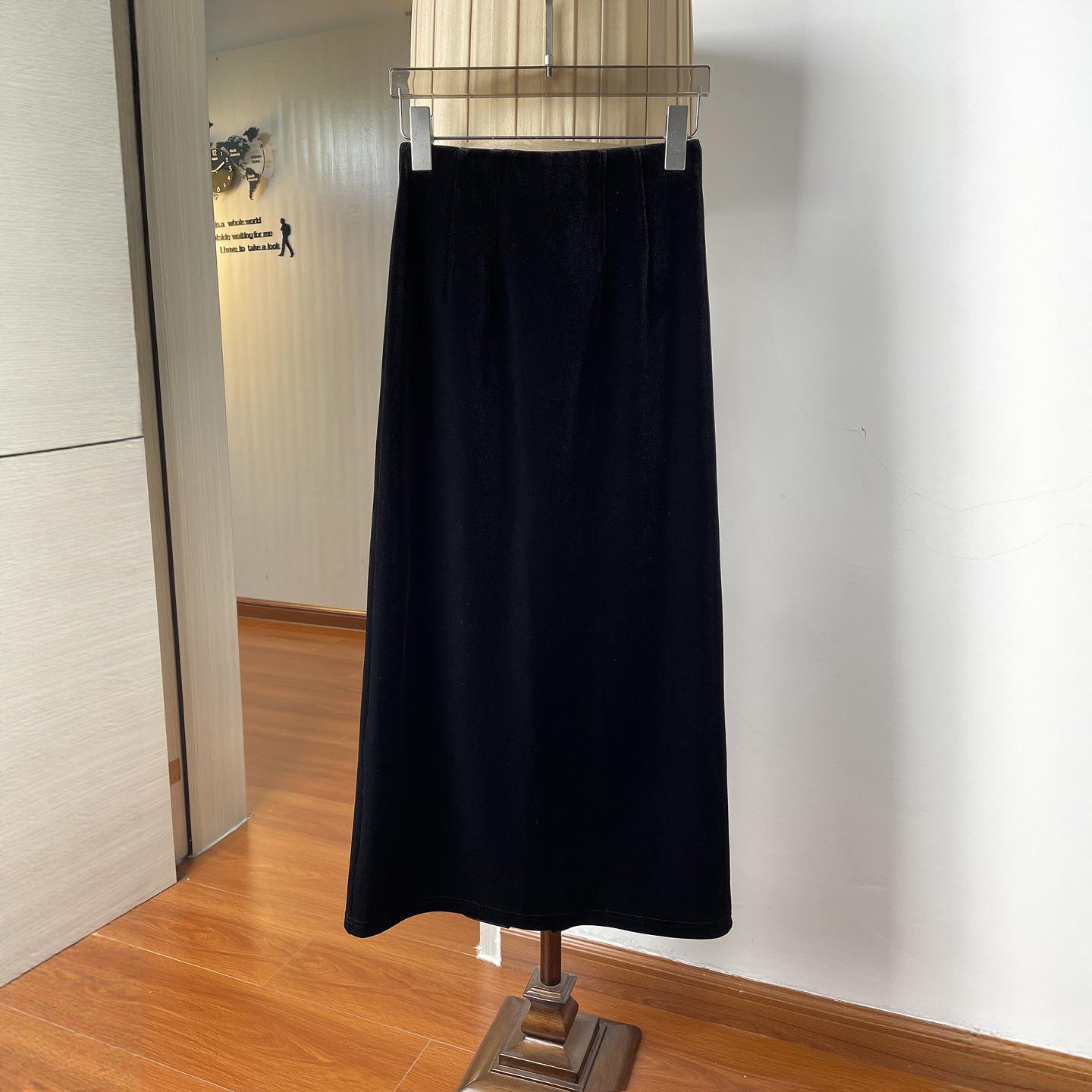 Autumn Velvet Slim-Fit High Waist Skirt with Back Slit Large чёрный