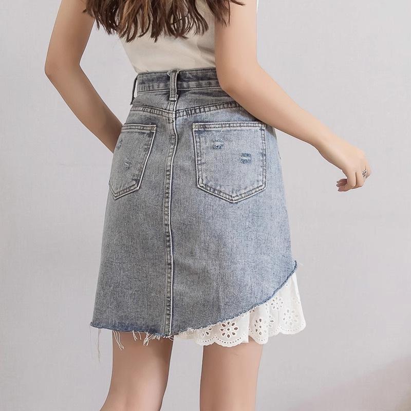 2025 Women's High Waist Lace Spliced Ripped Denim Mini Skirt