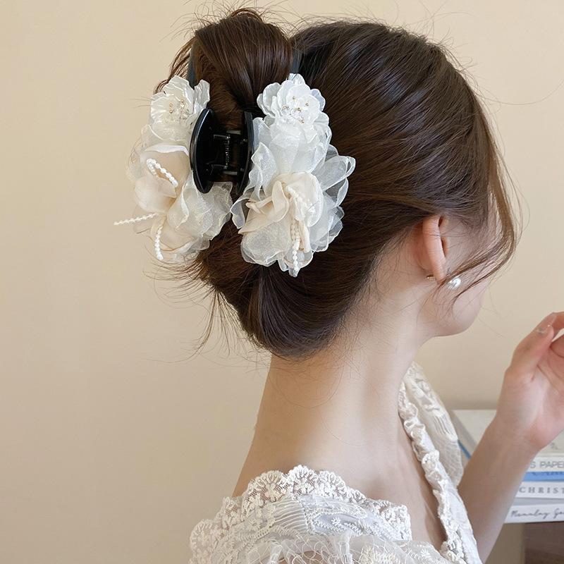 Mesh fabric flower pearl hair catch fairy style niche versatile hairpin fashion high sense simple hair accessories