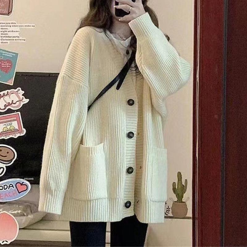 Damen-Pullover, mittellang, Strickjacke, V-Ausschnitt, lockere Strickjacke