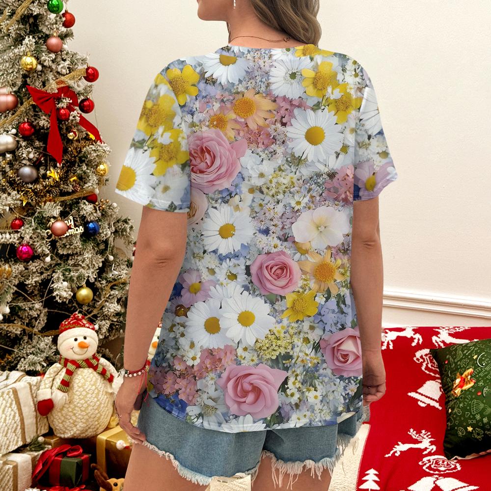 Summer Women's T-shirt Blooming Flower Sea Colorful Flowers Full Print Women's Leisure Versatile Short Sleeve Top