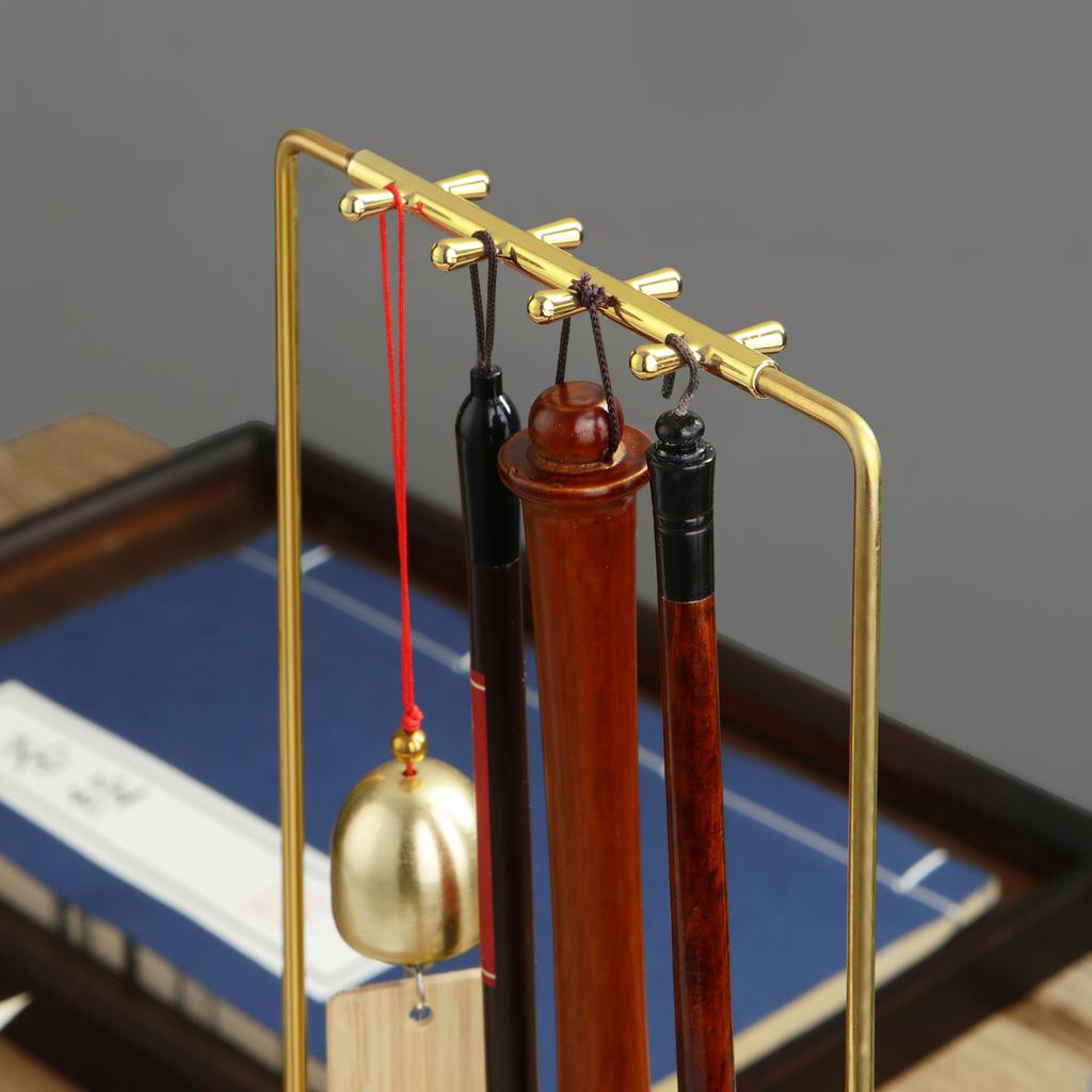 Metal Chinese Brush Pen Holder with Wooden Base Brass Calligraphy Rest Ink Hanger 8 Needles Writing Brush Holder
