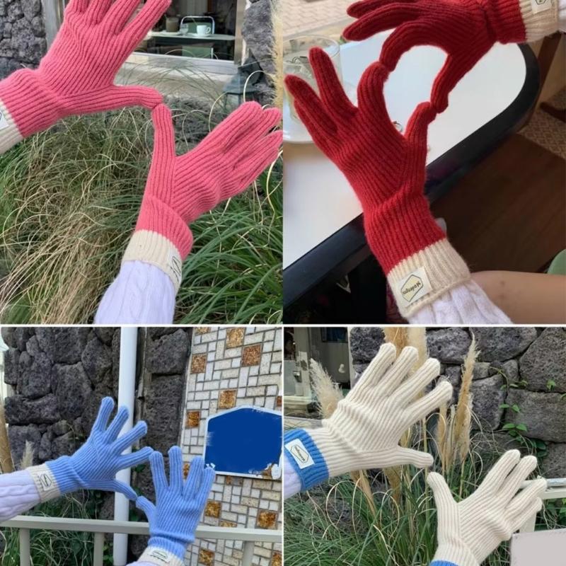 Womens Warm Knitted Full Finger Gloves Outdoor Riding Touchable Screen Colorblock Letters Label Decor Thermal Mittens