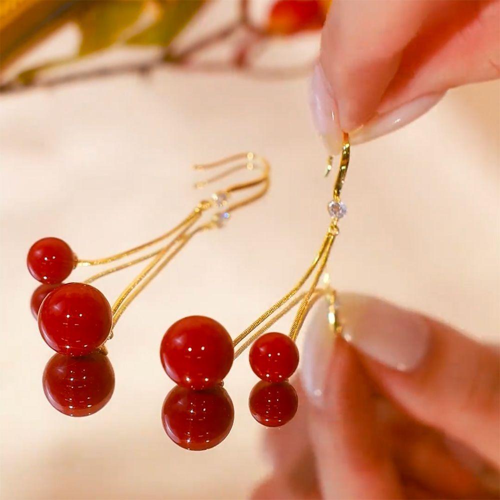 2024 Festive Red Pearl Face-Slimming Long Earrings - Chic, Trendy Niche Design