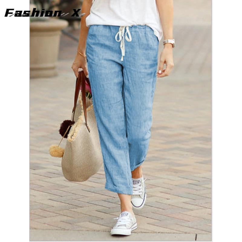 Fashion Women's Pants Cotton Linen Pants Drawstring Loose Large Size Pants Ladies Black Bottom Pants 695