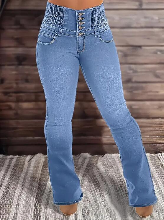 TEMU 2024 High-Waist Schlankmachende Elastische Knopfleiste Damen Micro-Flare Jeans