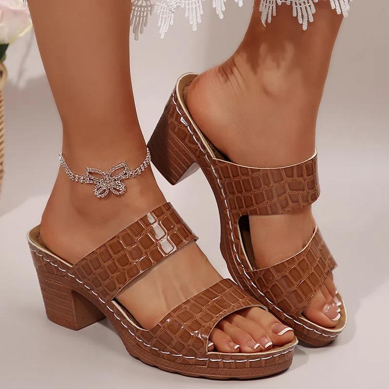 Fashion 2025 Pu Leather Chunky Heel Sandals Women Plus Size 36-43 Platform High Heels Slippers Woman Lightweight Open Toe Summer Sandles