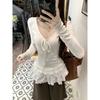 White V-Neck Lace Trim Long-Sleeved T-Shirt with Tag