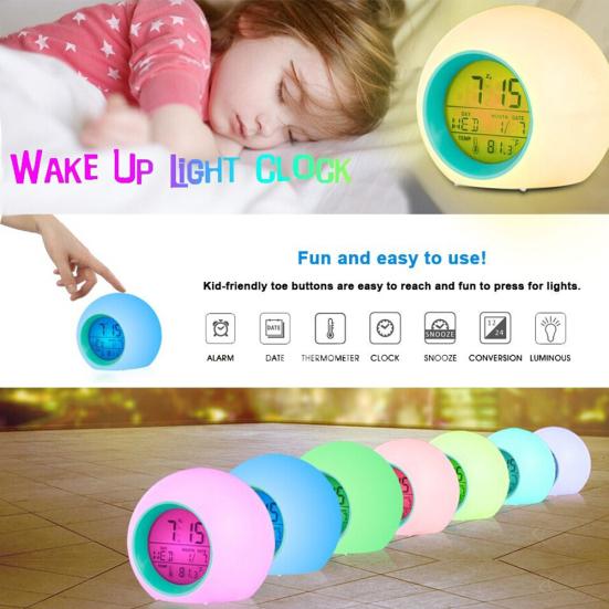 Round Colorful Backlight LED Time Date Temperature Display Snooze Alarm Clock