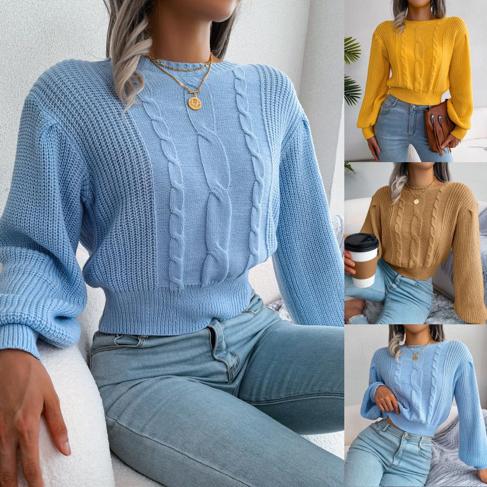 Women Cropped Jumper Crew Neck Long Sleeve Pullover Sweater Tops Knitted Batwing Sweaters