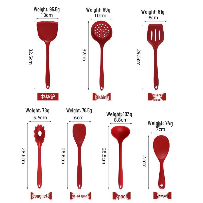 Silicone Kitchenware Set: Non-stick Spatula, Salad Spoon, Slotted Spoon, Rice Spoon, Flour Scoop, Strainer