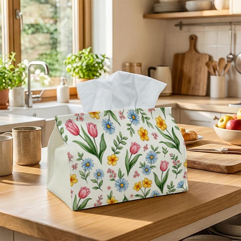 1pc Tissue Box Holder with Cottagecore Botanical Design-Tulip Daisy, Durable Polyester, Ideal for Kitchen, Living Room, Bedroom, Bathroom, Car-Holiday