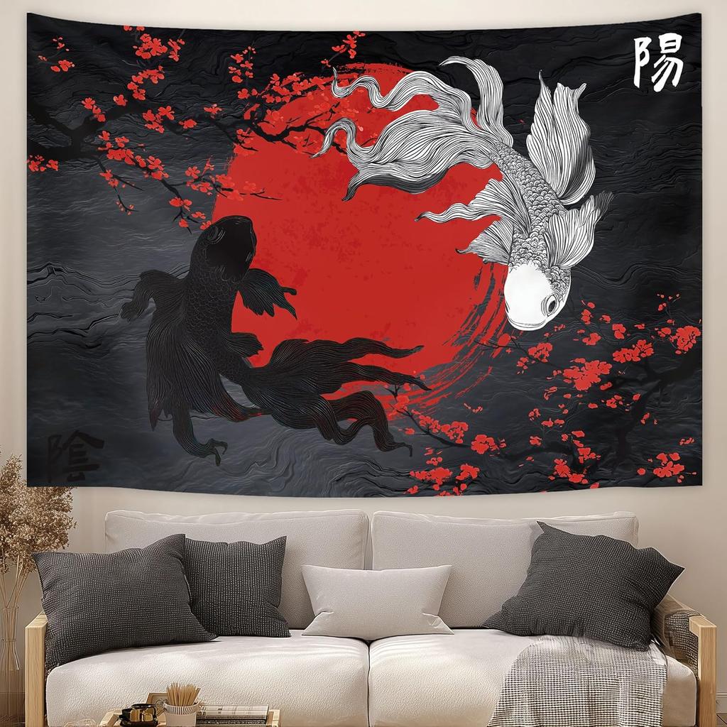 Raoycla Japanese Anime Tapestry, Red and Black Yin Yang Koi Fish Tapestries, Cherry Blossom Cool Asian Mens Masculine Art Tapestry Hanging for