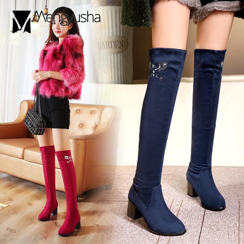 Mode 34-43 Skor två sätt uppvikta sida stövlar lårhöga ridstövlar kvinnor vinter plysch över knä långa motorcykelkängor