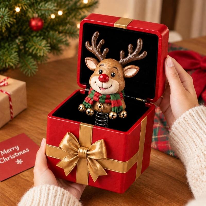 Hinged Christmas Gift Box Toy with a Spring-Mounted Figure That Rises As the Lid Opens for Holiday Gift Giving