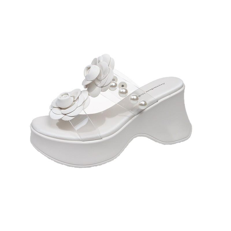 2025 summer new handmade DIY flower women one-word drag slope heel non-slip cool slippers summer new beach